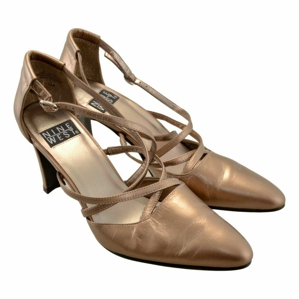 Nine West Women's Adjustable Strap High Heels Pointed Toe Bronze Size 7.5M